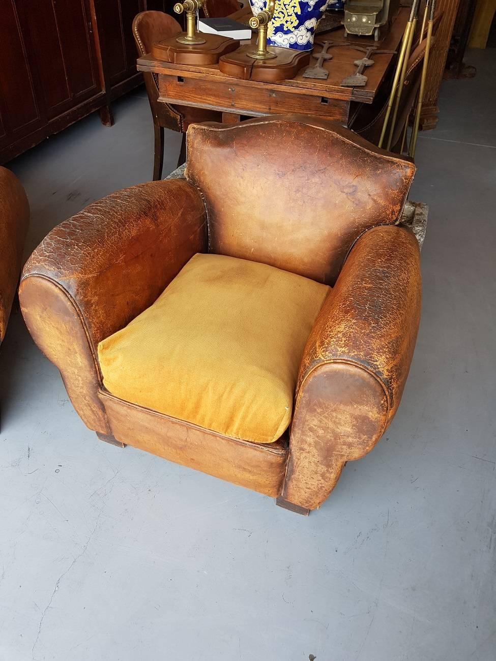 Art Deco Two French Leather Club Chairs from the 1930s