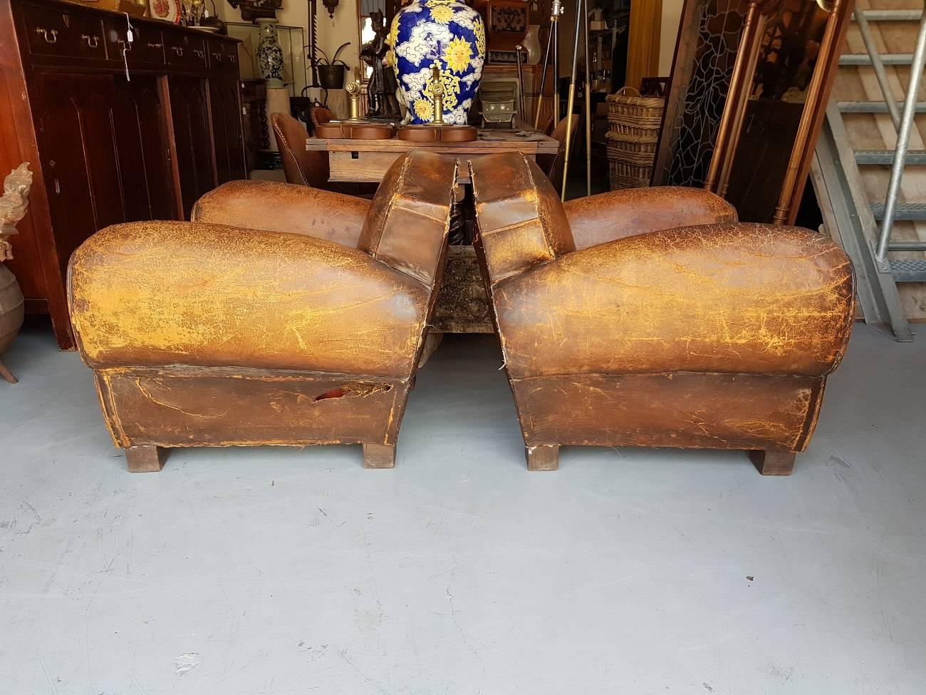 Two French Leather Club Chairs from the 1930s In Distressed Condition In Raalte, NL