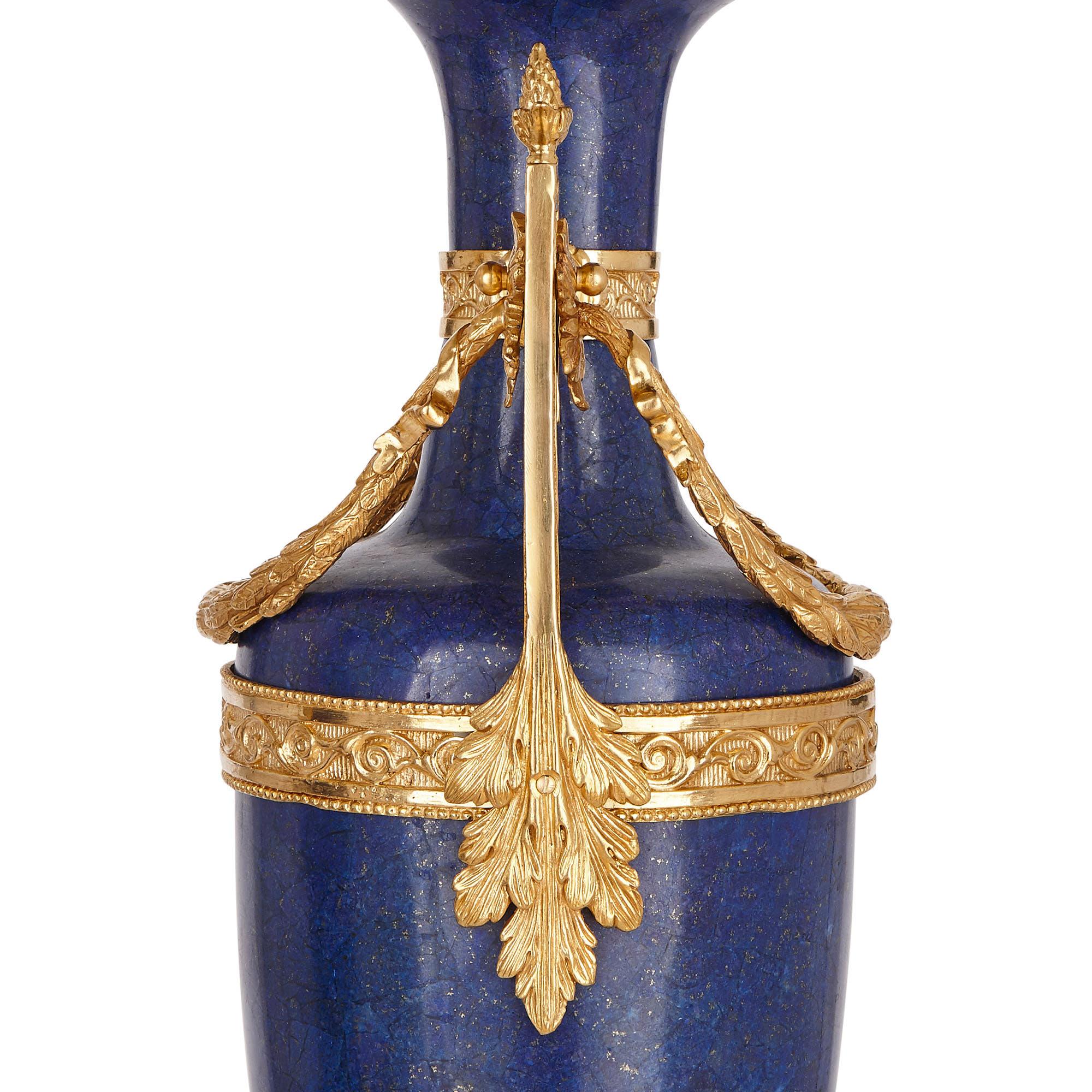 Two French Louis XVI Style Lapis Lazuli and Gilt Bronze Vases (Vergoldet)