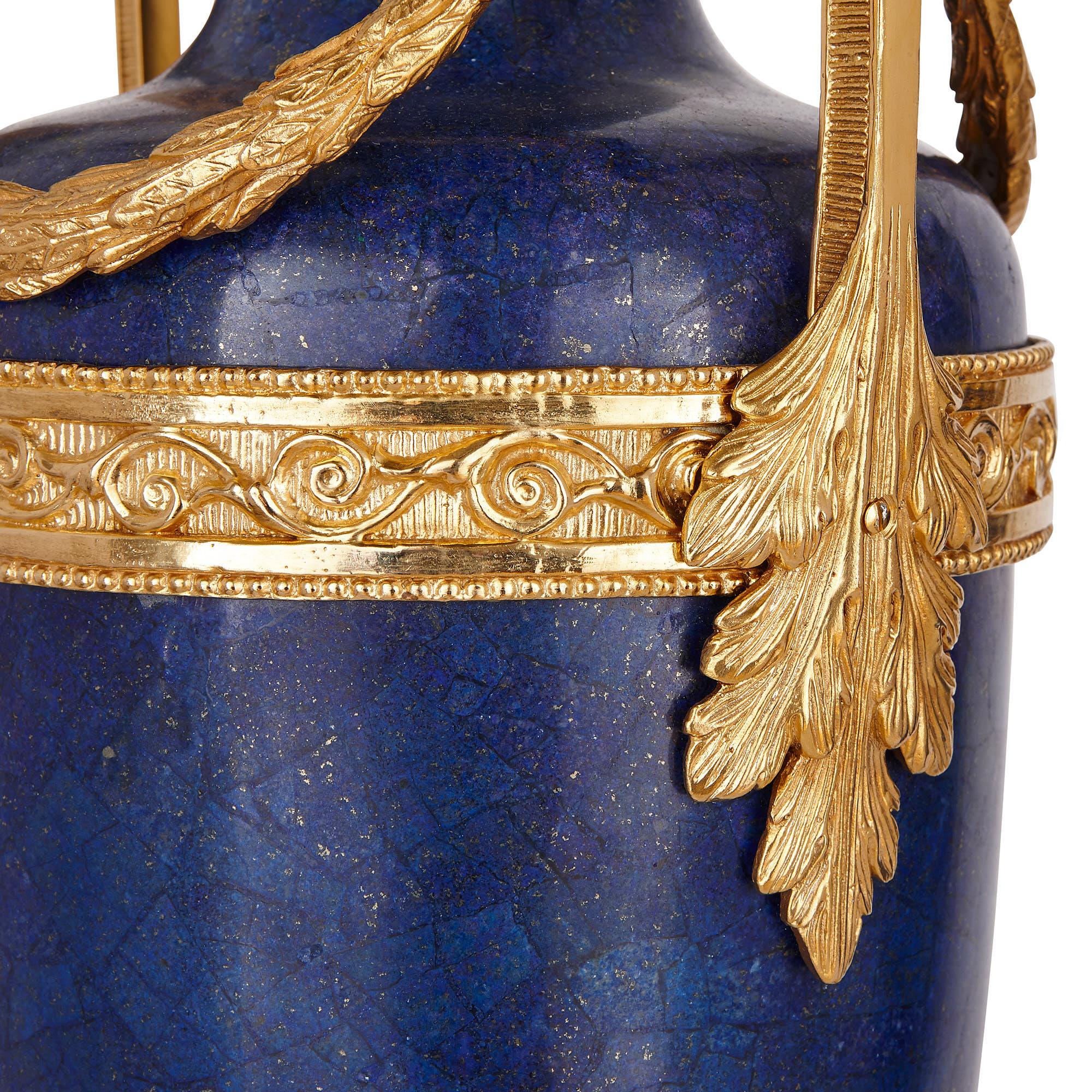 Two French Louis XVI Style Lapis Lazuli and Gilt Bronze Vases 1