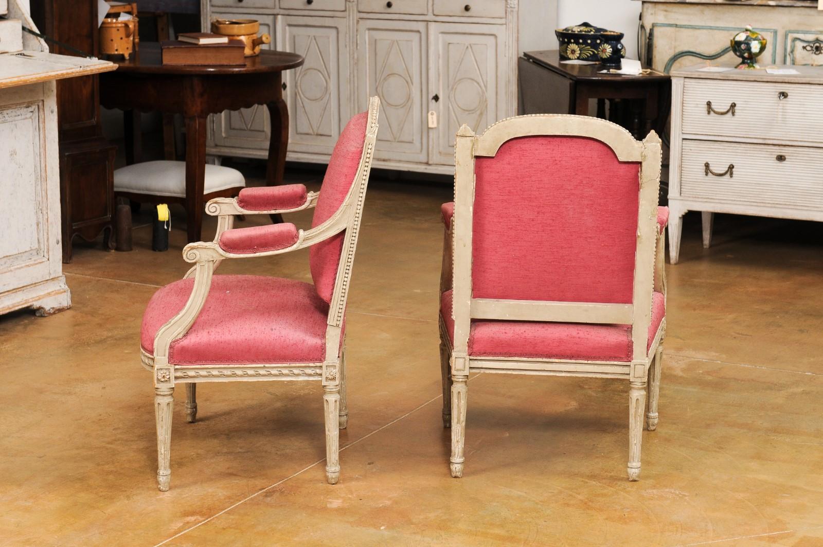 Two French Louis XVI Style Painted Armchairs with Richly Carved Décor, Sold Each For Sale 5