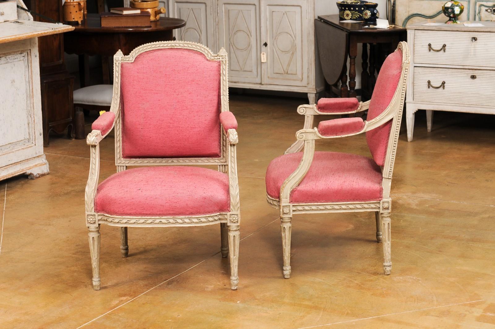 Two French Louis XVI Style Painted Armchairs with Richly Carved Décor, Sold Each For Sale 6