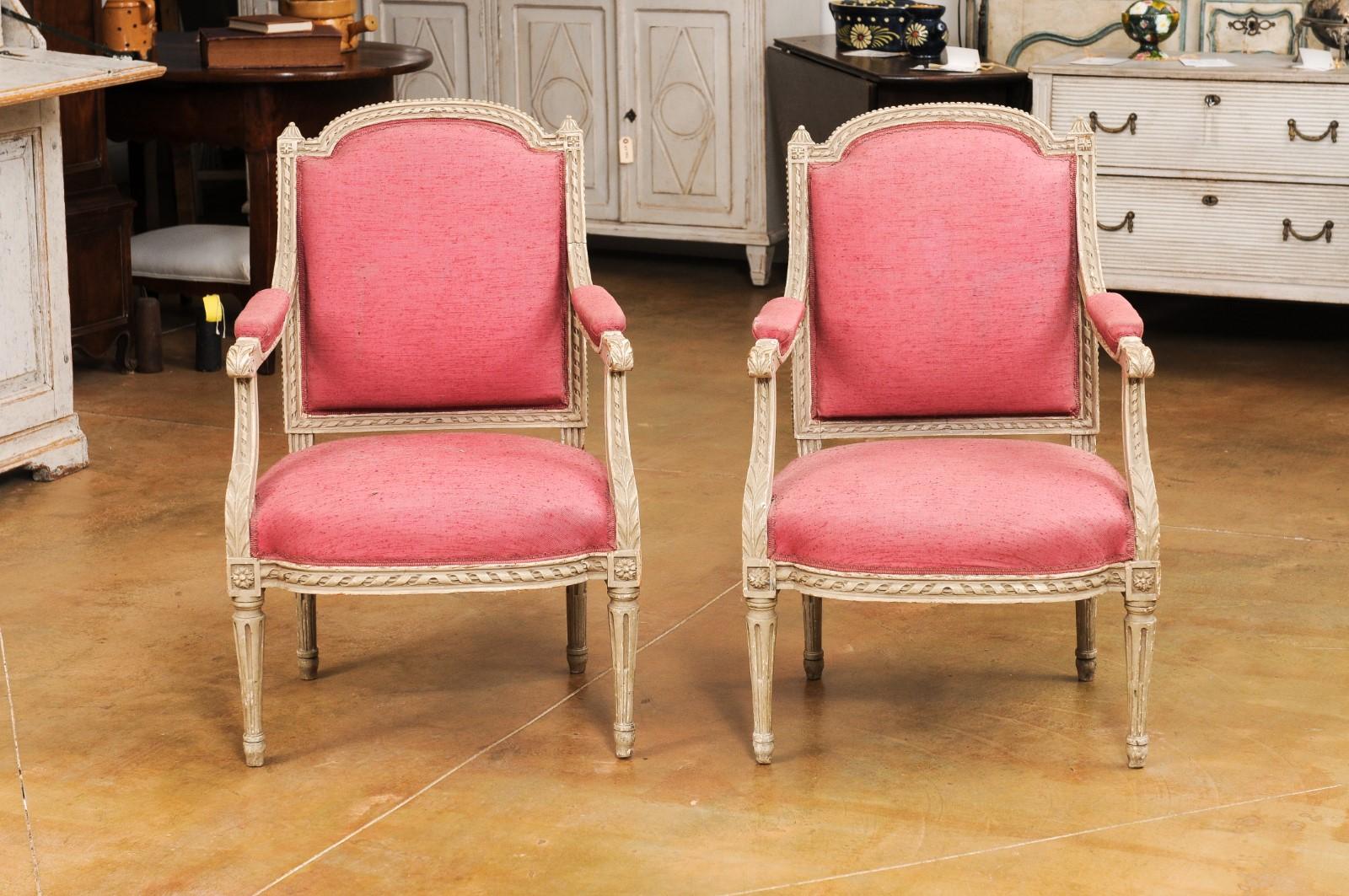 Two French Louis XVI Style Painted Armchairs with Richly Carved Décor, Sold Each For Sale 7