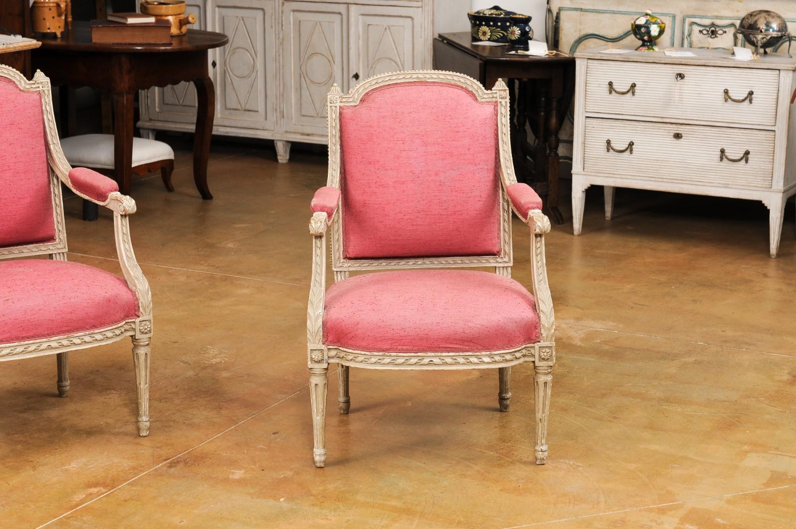 Two French Louis XVI Style Painted Armchairs with Richly Carved Décor, Sold Each For Sale 8