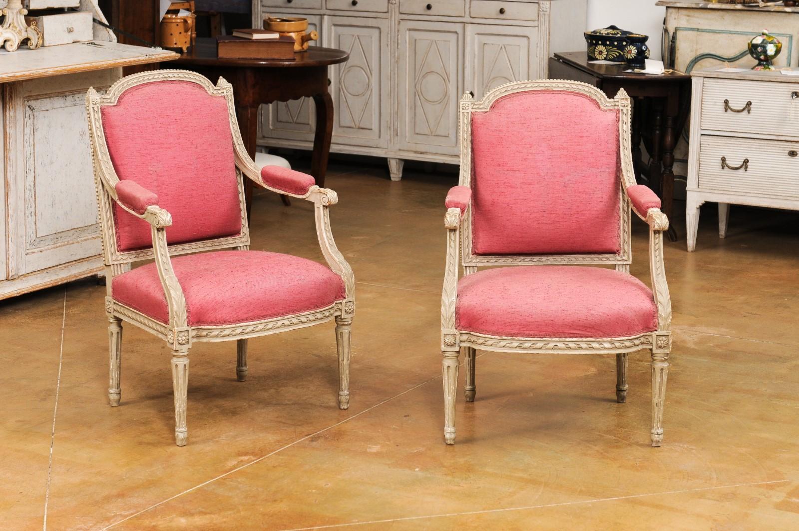 19th Century Two French Louis XVI Style Painted Armchairs with Richly Carved Décor, Sold Each For Sale
