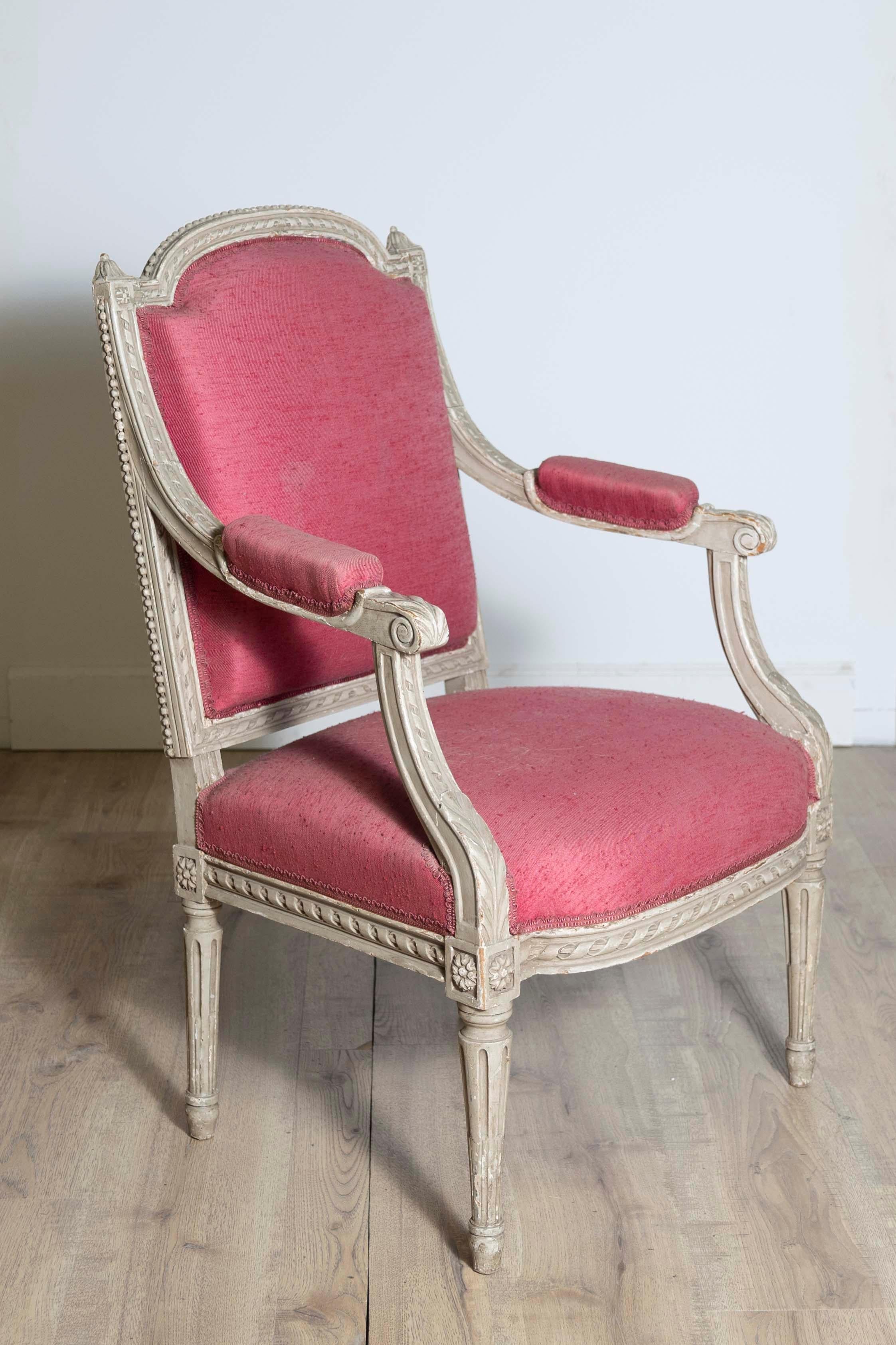 19th Century Two French Louis XVI Style Painted Armchairs with Richly Carved Décor, Sold Each For Sale