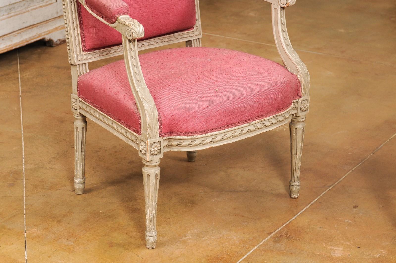 Upholstery Two French Louis XVI Style Painted Armchairs with Richly Carved Décor, Sold Each For Sale