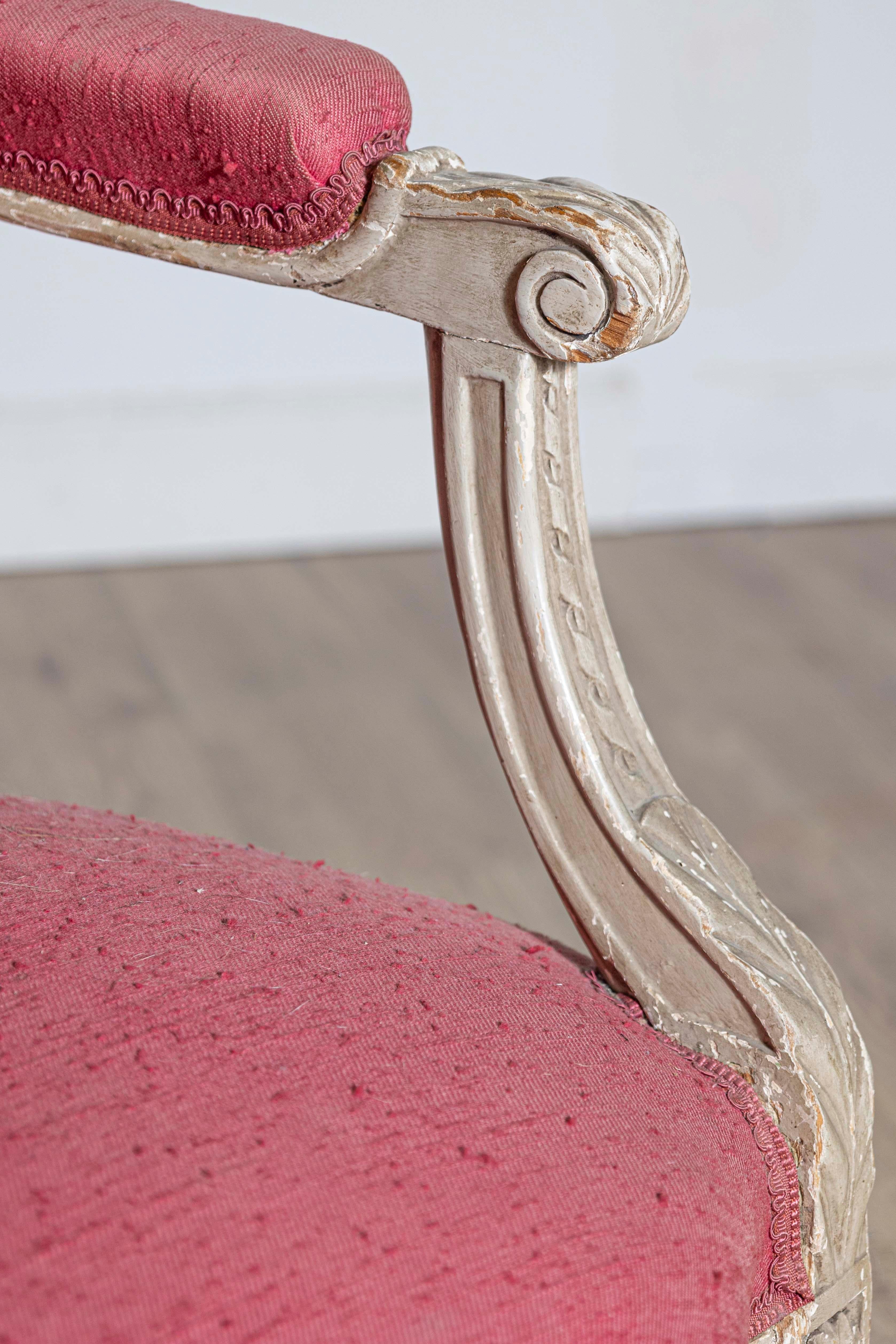 Two French Louis XVI Style Painted Armchairs with Richly Carved Décor, Sold Each For Sale 3