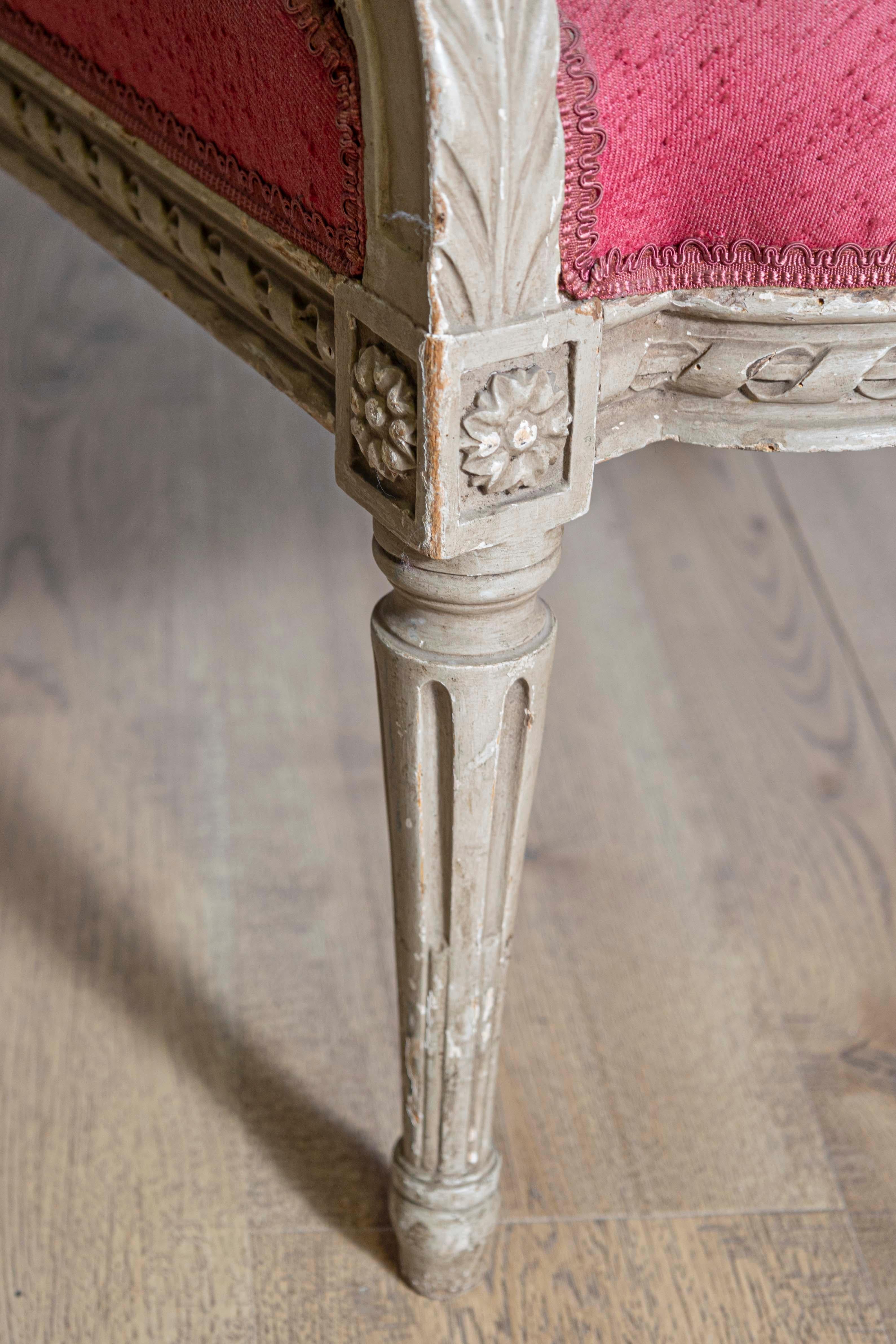 Two French Louis XVI Style Painted Armchairs with Richly Carved Décor, Sold Each For Sale 4