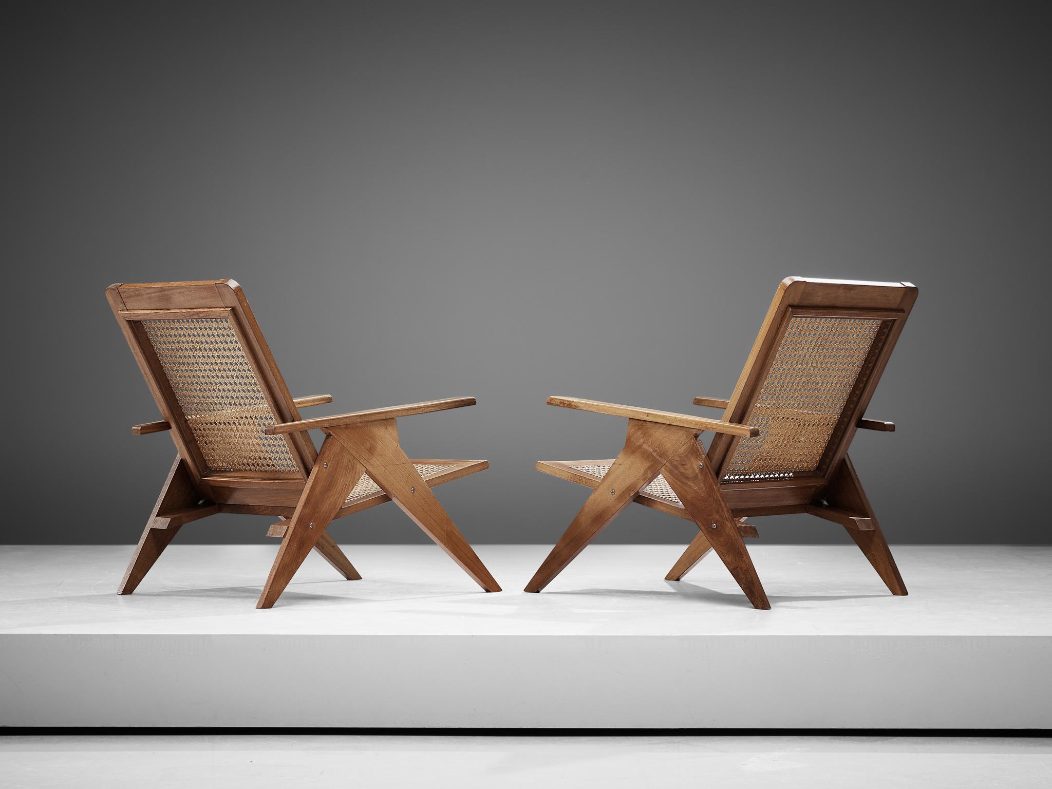 Mid-Century Modern French Lounge Chairs in Cane and Mahogany