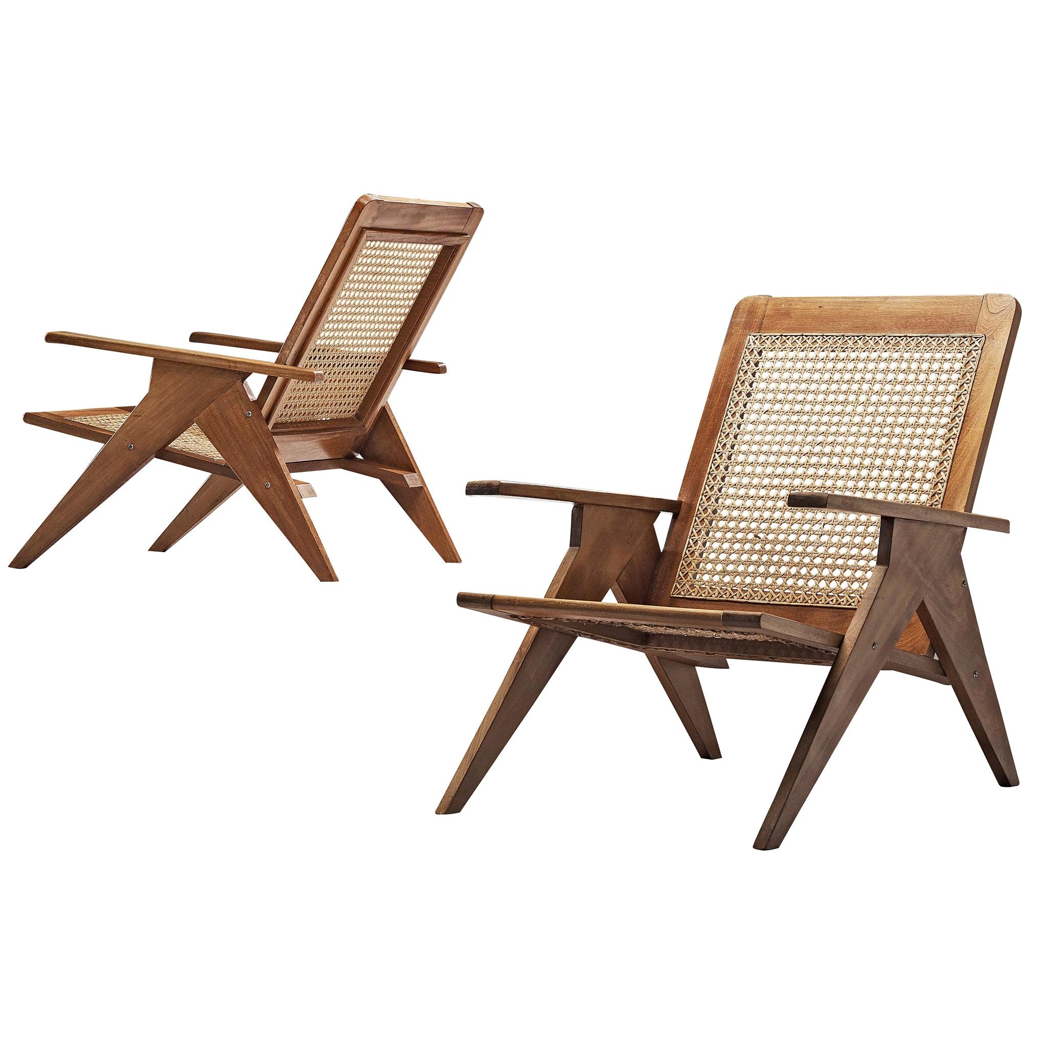 French Lounge Chairs in Cane and Mahogany