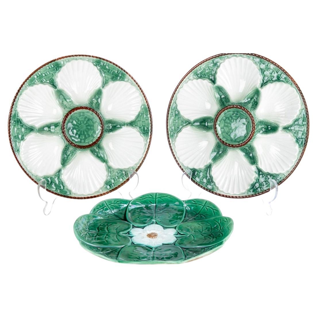 Two French Majoiica Oyster Plates & Water Lily Majolica Plate For Sale