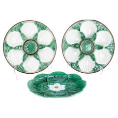 Two French Majoiica Oyster Plates & Water Lily Majolica Plate