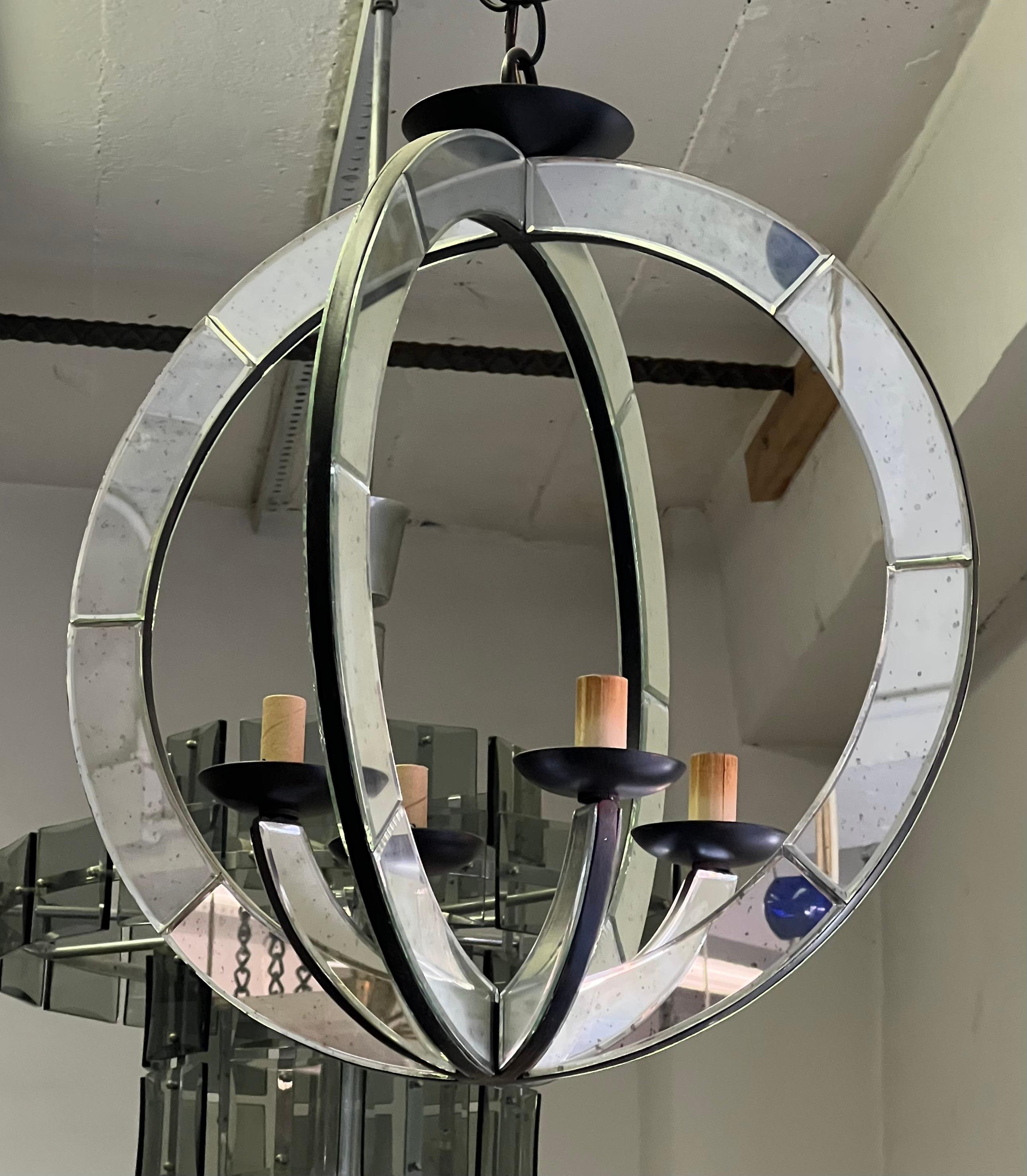 Two French Mid-Century Modern Style Astrolabe Mirrored Pendants / Chandeliers In Excellent Condition For Sale In New York, NY