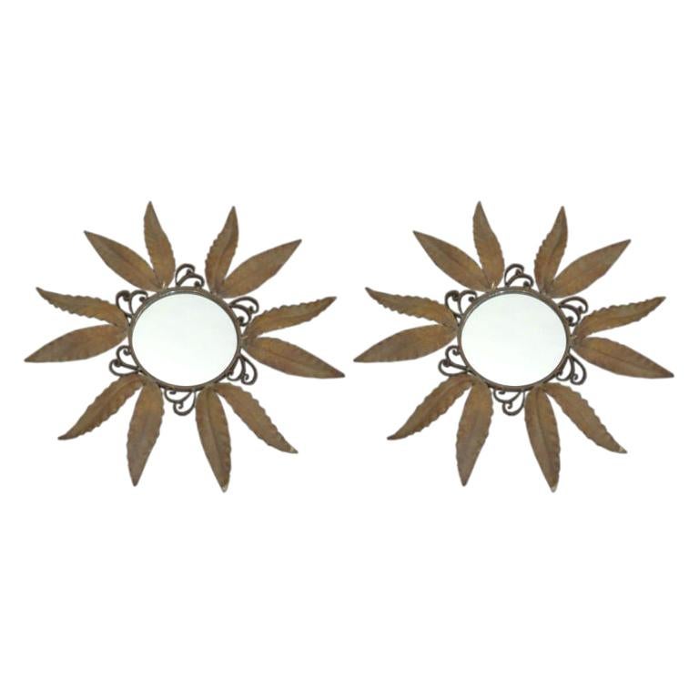 Two French Mid-Century Modern Wrought Iron 'Sunburst' Wall Mirrors For Sale
