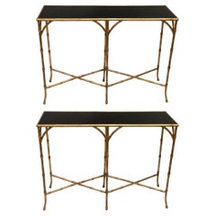 Two French Midcentury Style Gilt Iron Faux Bamboo Consoles, Maison Baguès