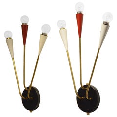 Two French Minimalist Midcentury Design Tricolor Metal and Brass Wall Sconces