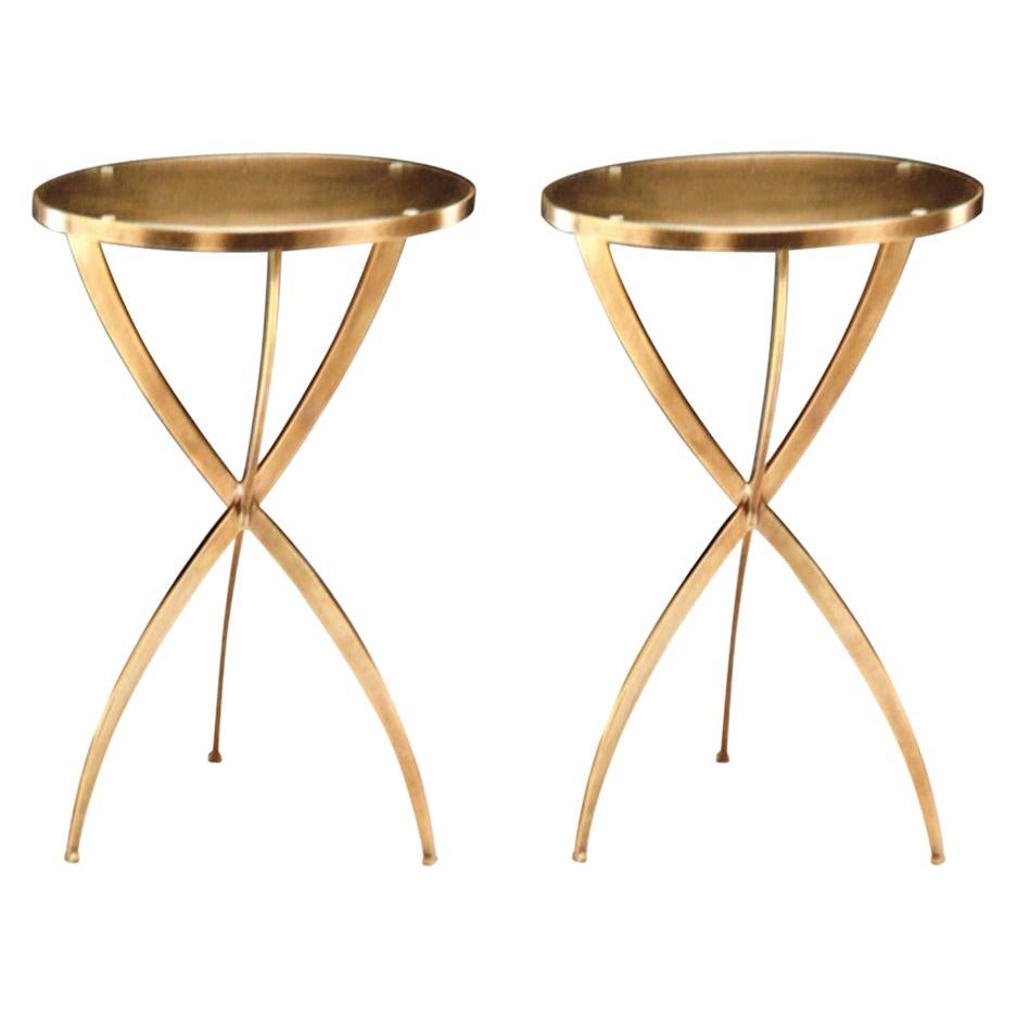Two French Modern Neoclassical Round Solid Brass Side Tables, Andre Arbus