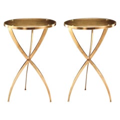 Two French Modern Neoclassical Round Solid Brass Side Tables, Andre Arbus