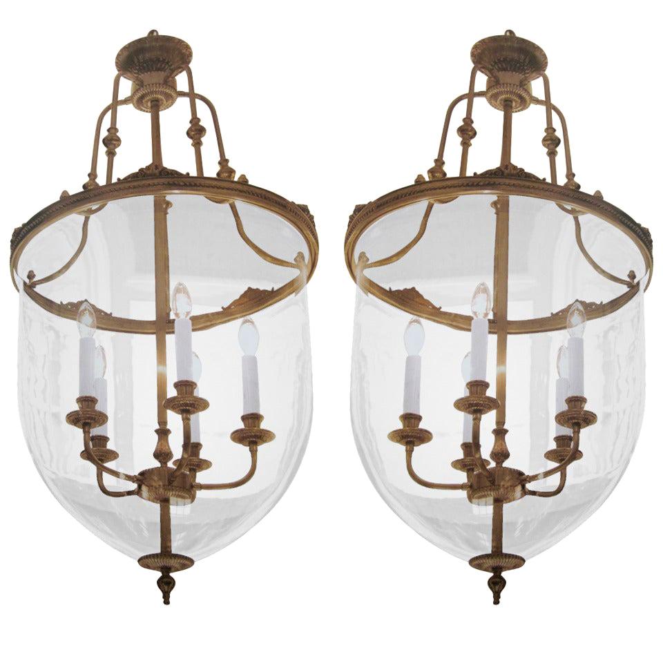 Two French Modern Neoclassical Style Brass and Blown Glass Chandeliers/ Lanterns