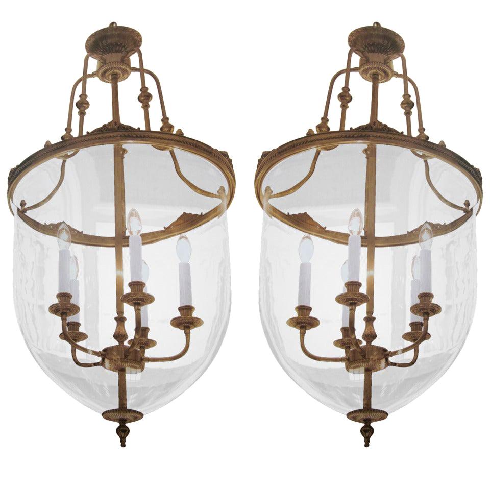 Two French Modern Neoclassical Style Brass and Blown Glass Chandeliers/ Lanterns For Sale