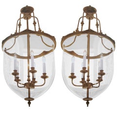 Vintage Two French Modern Neoclassical Style Brass and Blown Glass Chandeliers/ Lanterns