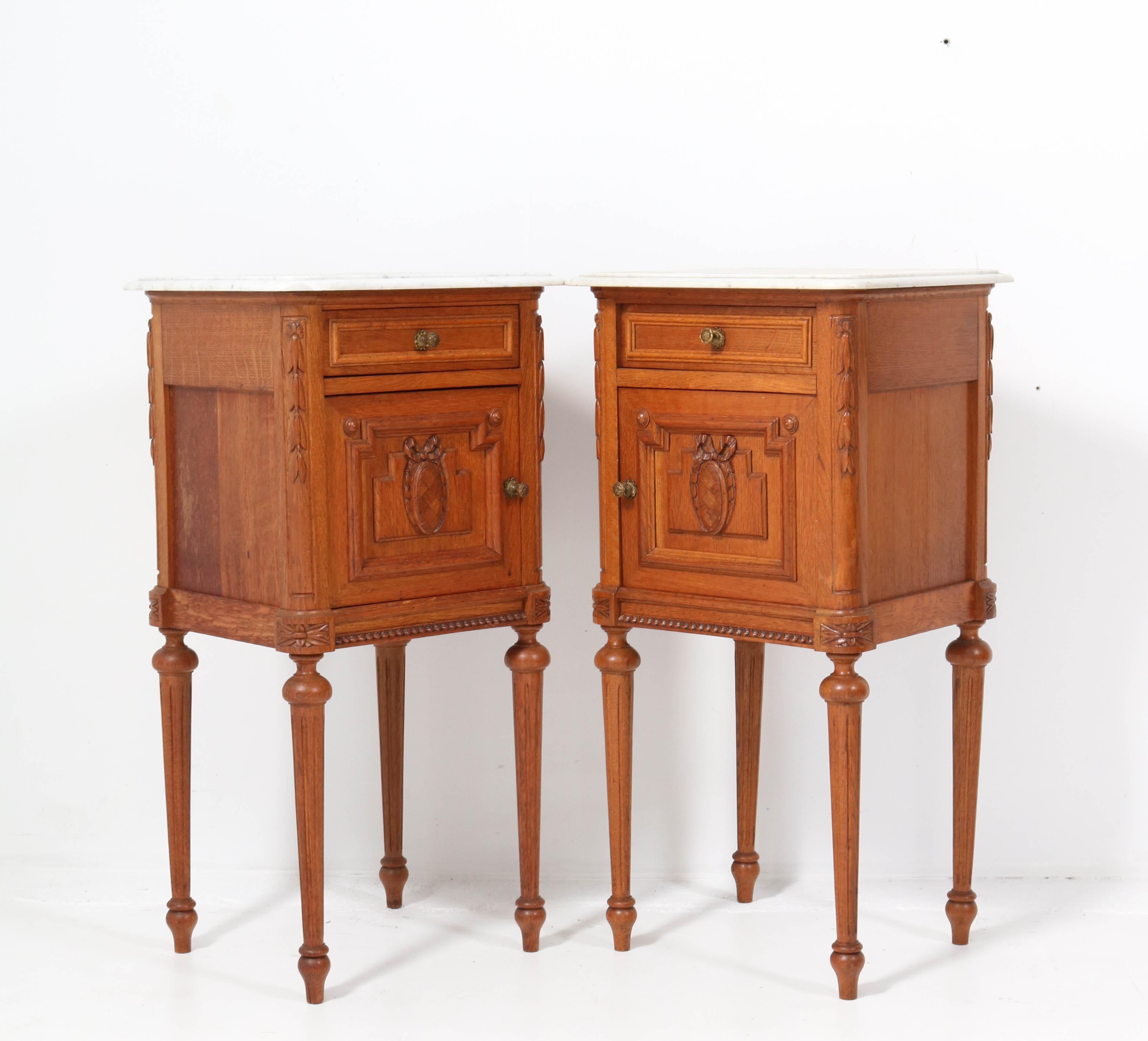 Brass Two French Oak Art Nouveau Nightstands or Bedside Tables, 1900s