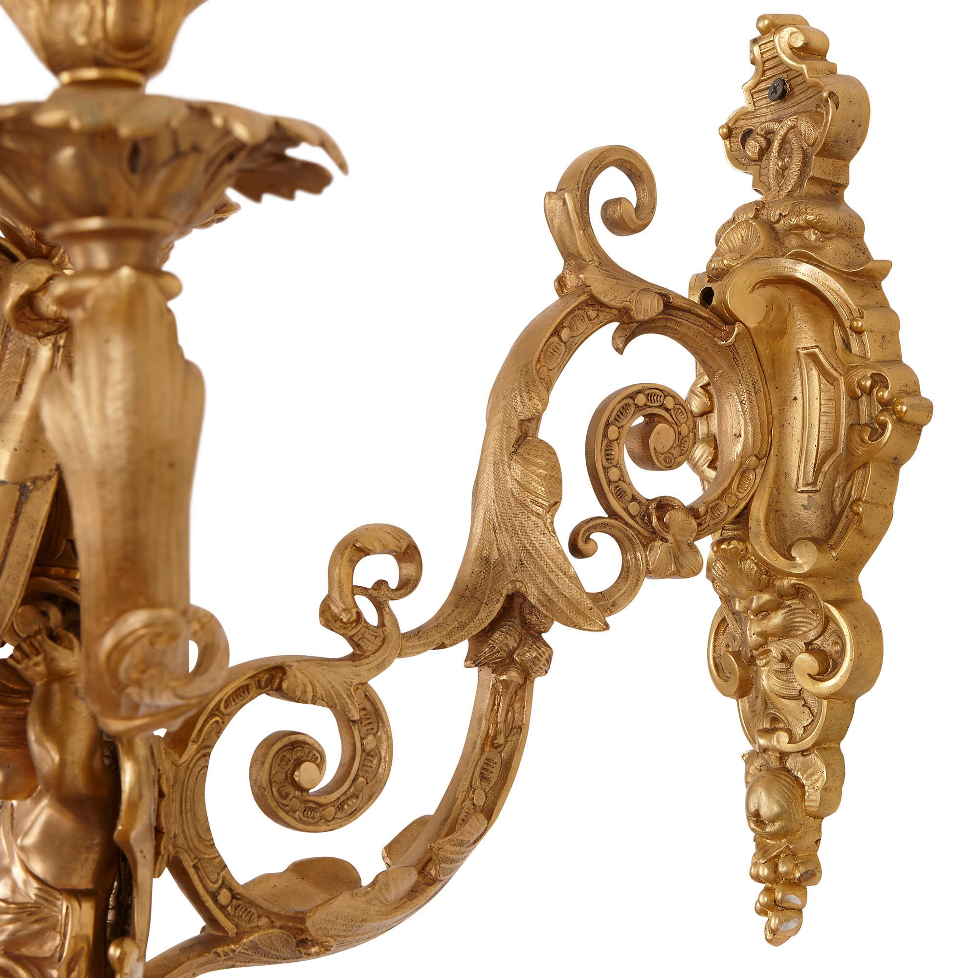 Two French Rococo Style Gilt Bronze Six-Light Sconces In Good Condition For Sale In London, GB