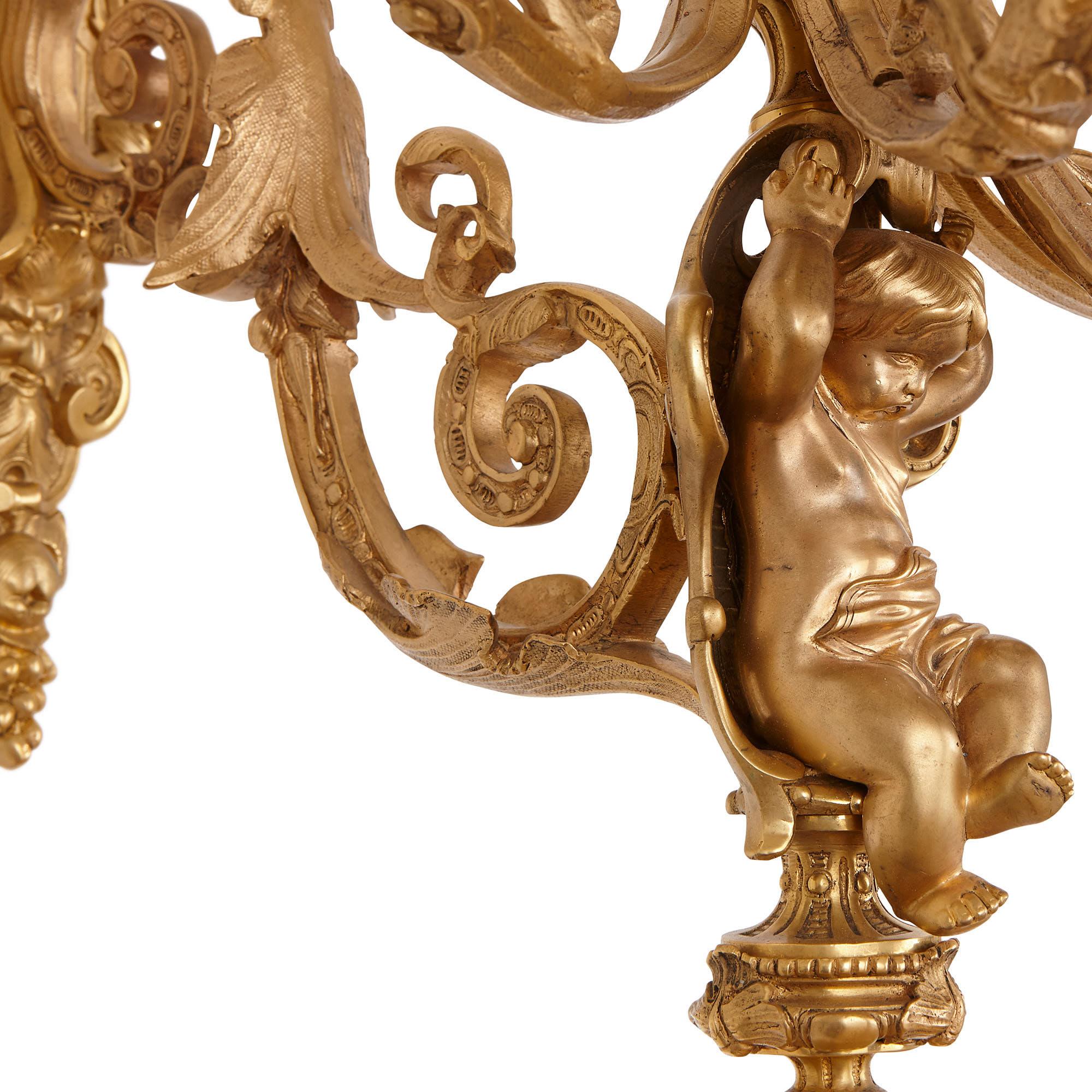 Two French Rococo Style Gilt Bronze Six-Light Sconces For Sale 1
