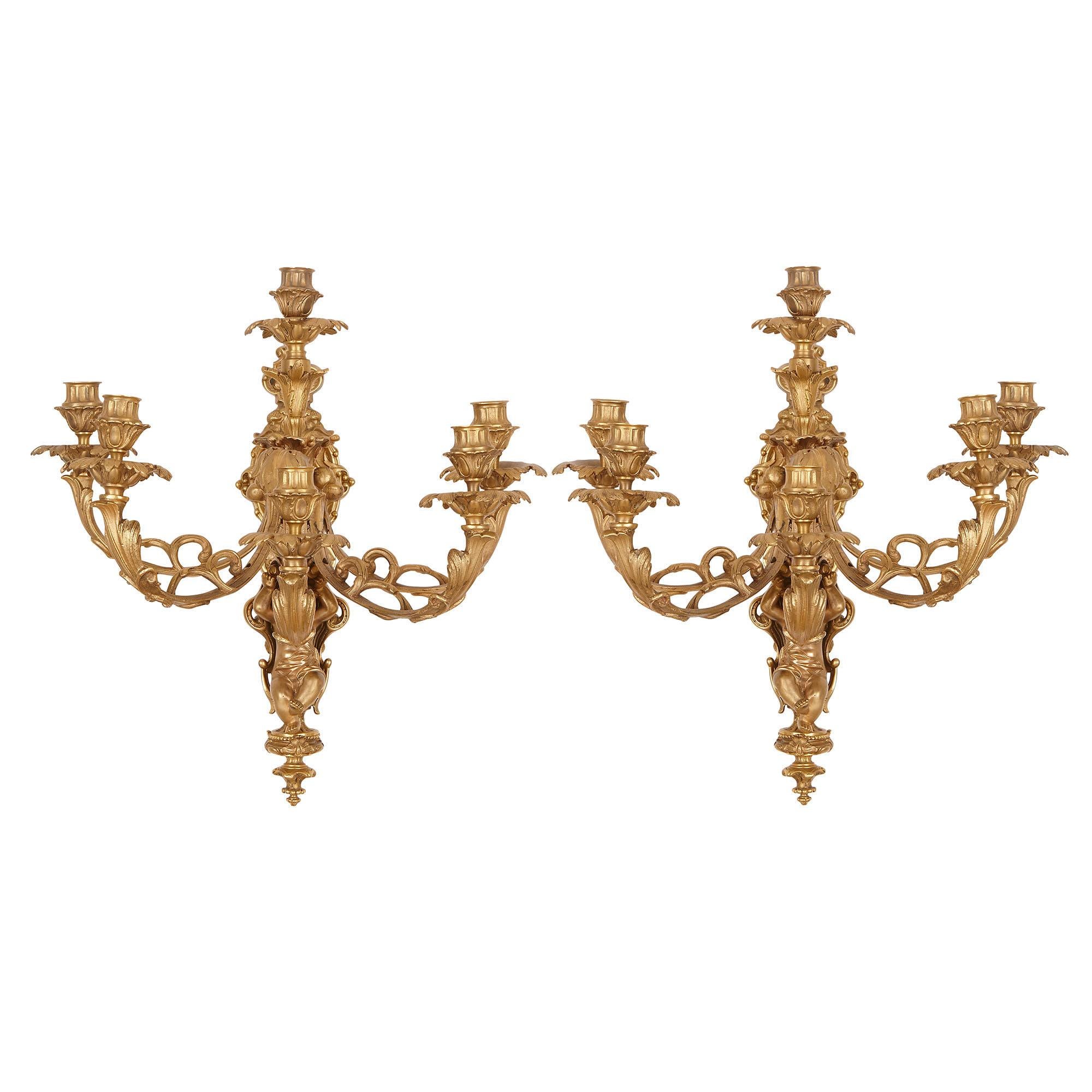 Two French Rococo Style Gilt Bronze Six-Light Sconces For Sale