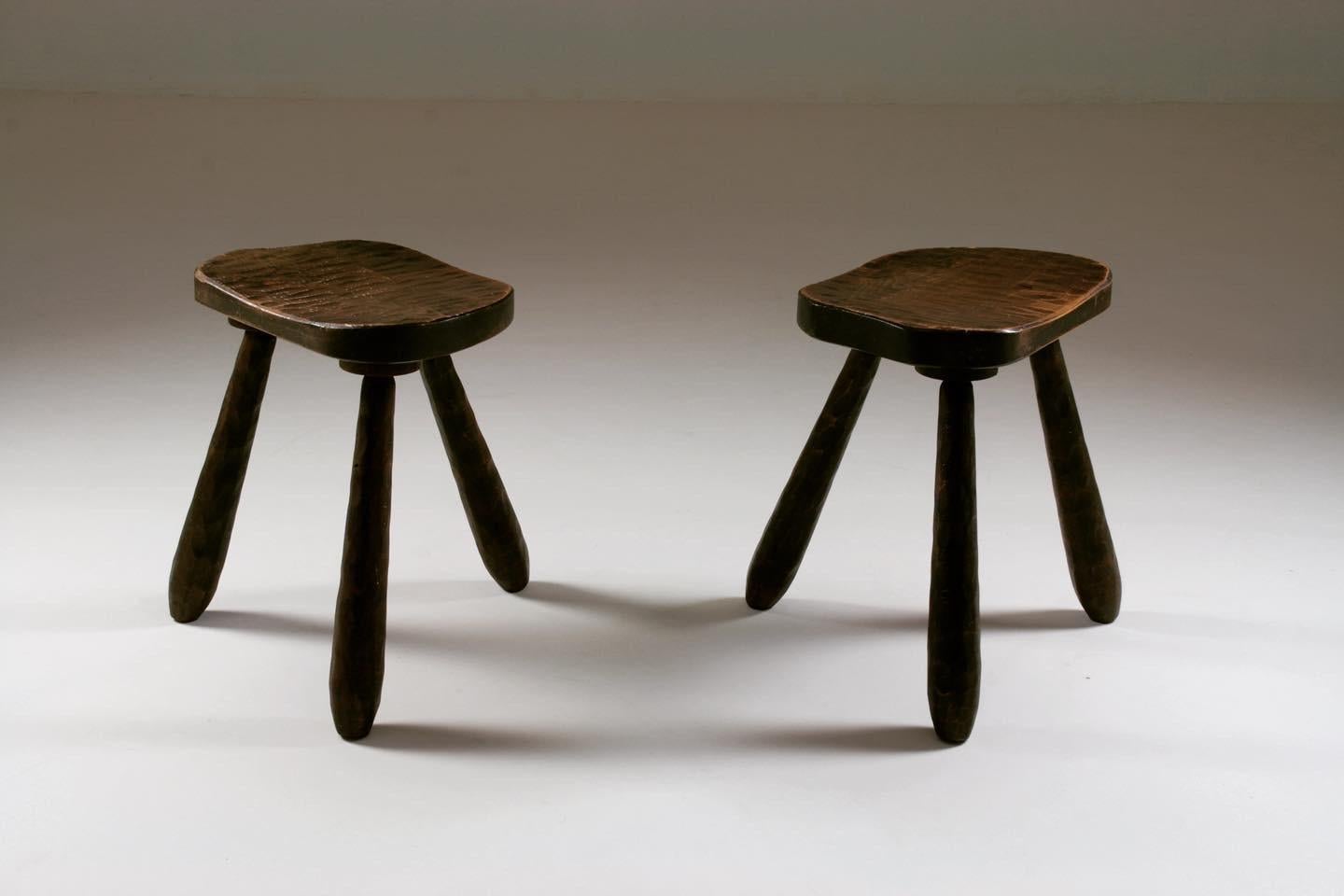 Wood Two French Tripod Stools, 1930s For Sale