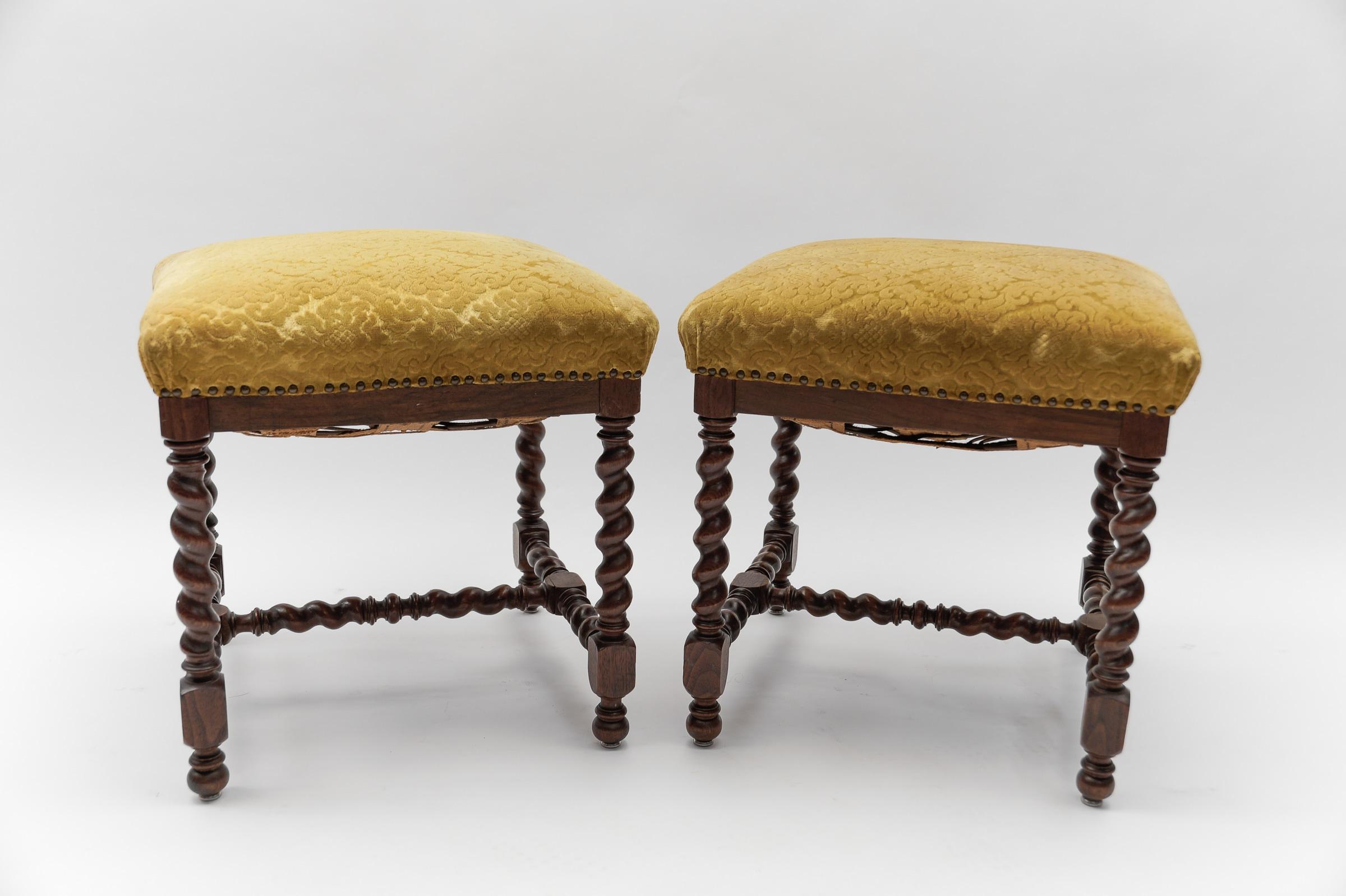 Fabric Two French Barley Wood Stools in Louis XIII Style, ca. 1870s For Sale