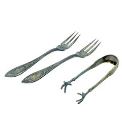 Two Fruit Forks and Sugar Tongs in Case, Antique Germany, c. 1900 Silver 800