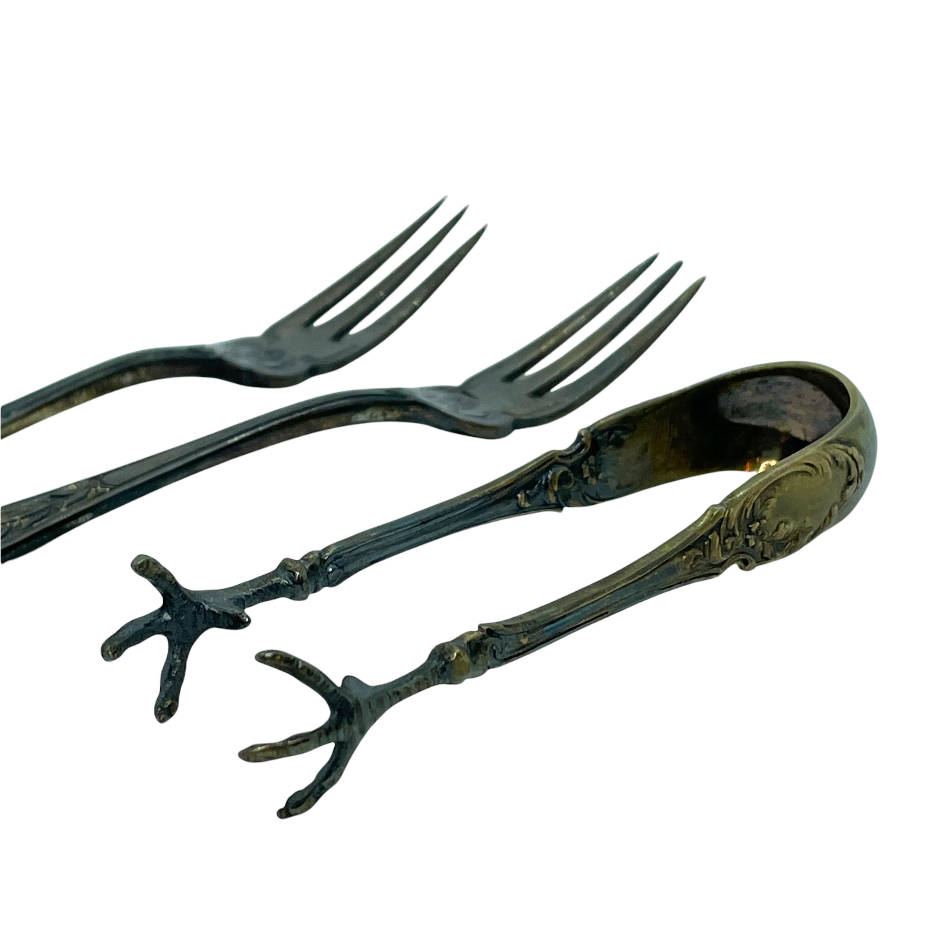 Art Nouveau Two Fruit Forks and Sugar Tongs in Case, Antique Germany, c. 1900 Silver 800 For Sale