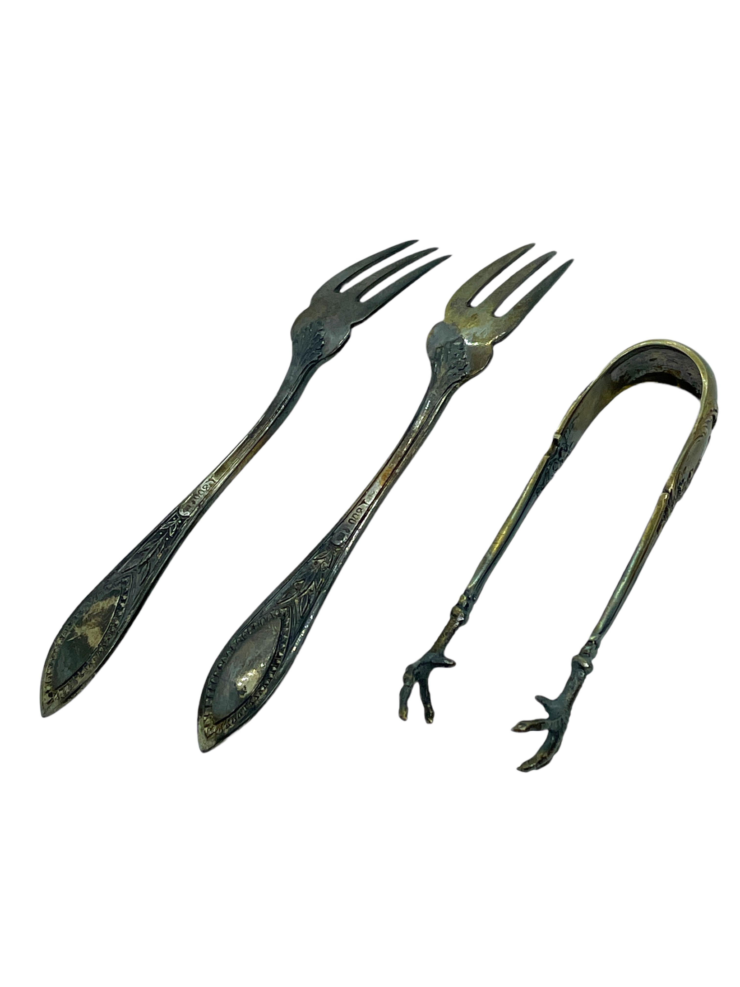 Early 20th Century Two Fruit Forks and Sugar Tongs in Case, Antique Germany, c. 1900 Silver 800 For Sale