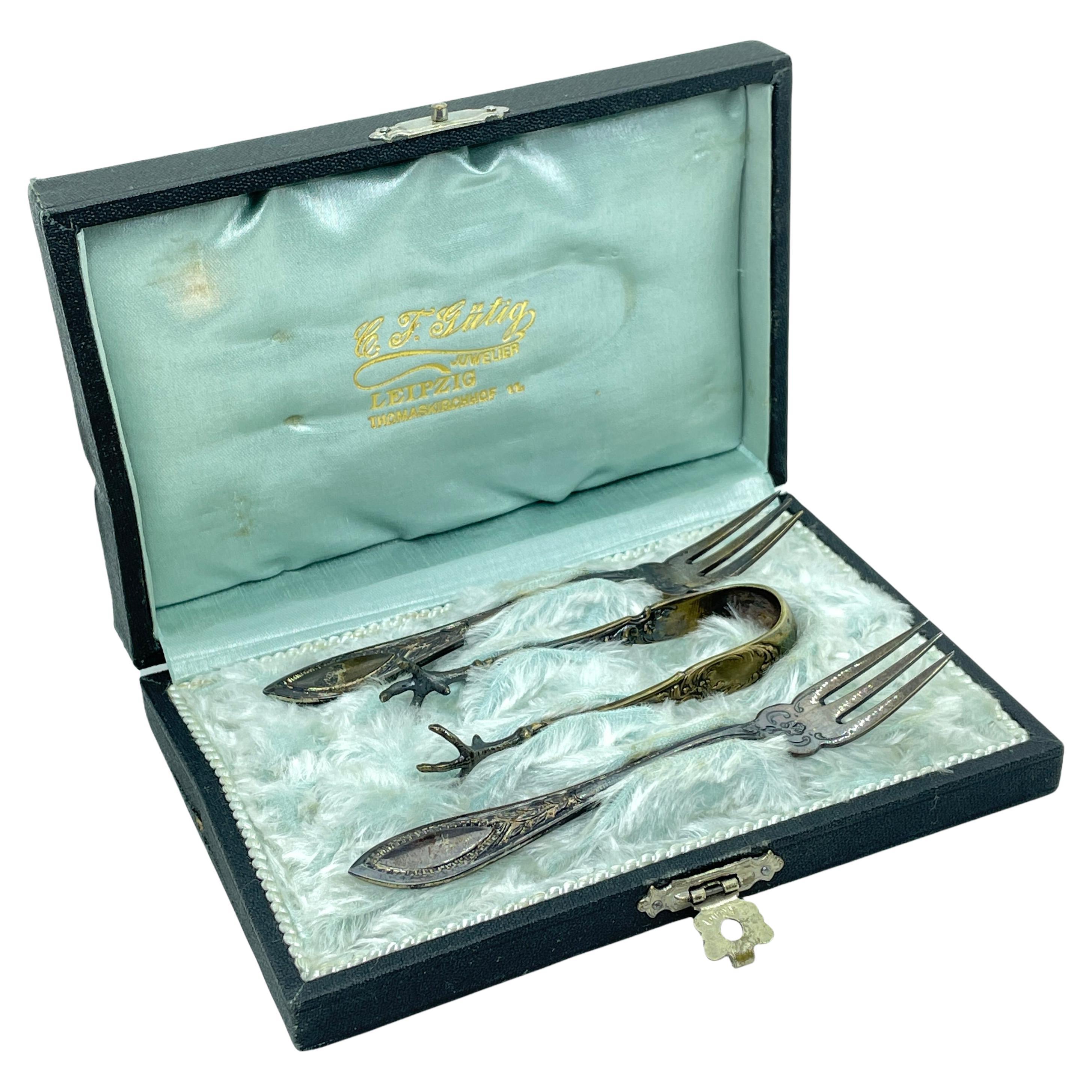 Two Fruit Forks and Sugar Tongs in Case, Antique Germany, c. 1900 Silver 800 For Sale