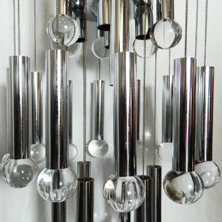 Superb Set of two Italian 8 & 6 Light chandeliers by Gaetano Sciolari Mid-Century Modern from Italy.
Glass balls and chrome reflect a gorgeous light through the 24 glass balls.
US Rewiring in working conditon and takes 8 and 6 light bulbs with max