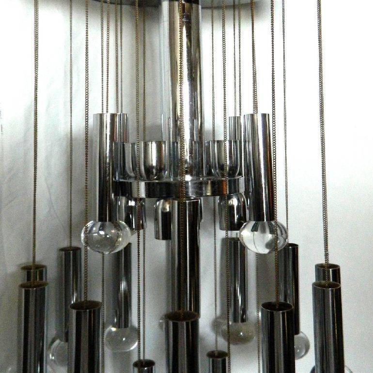 Mid-Century Modern Set of Gaetano Sciolari 8 & 6 Light Chandeliers Chrome & Glass Balls Italy 1970 For Sale