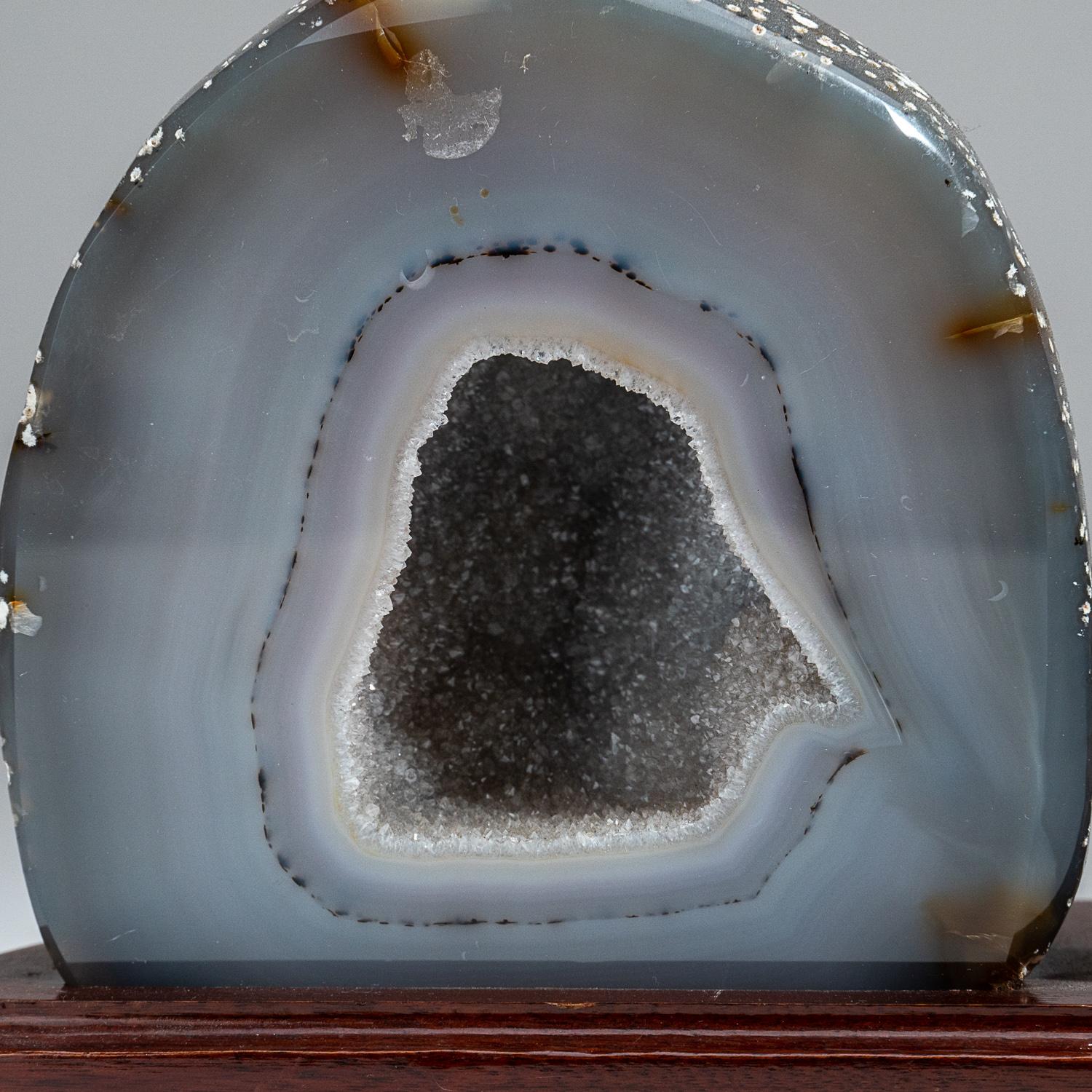 Two Genuine Banded Agate Geode on Custome Wooden Stand, '8 lbs' In Excellent Condition For Sale In New York, NY