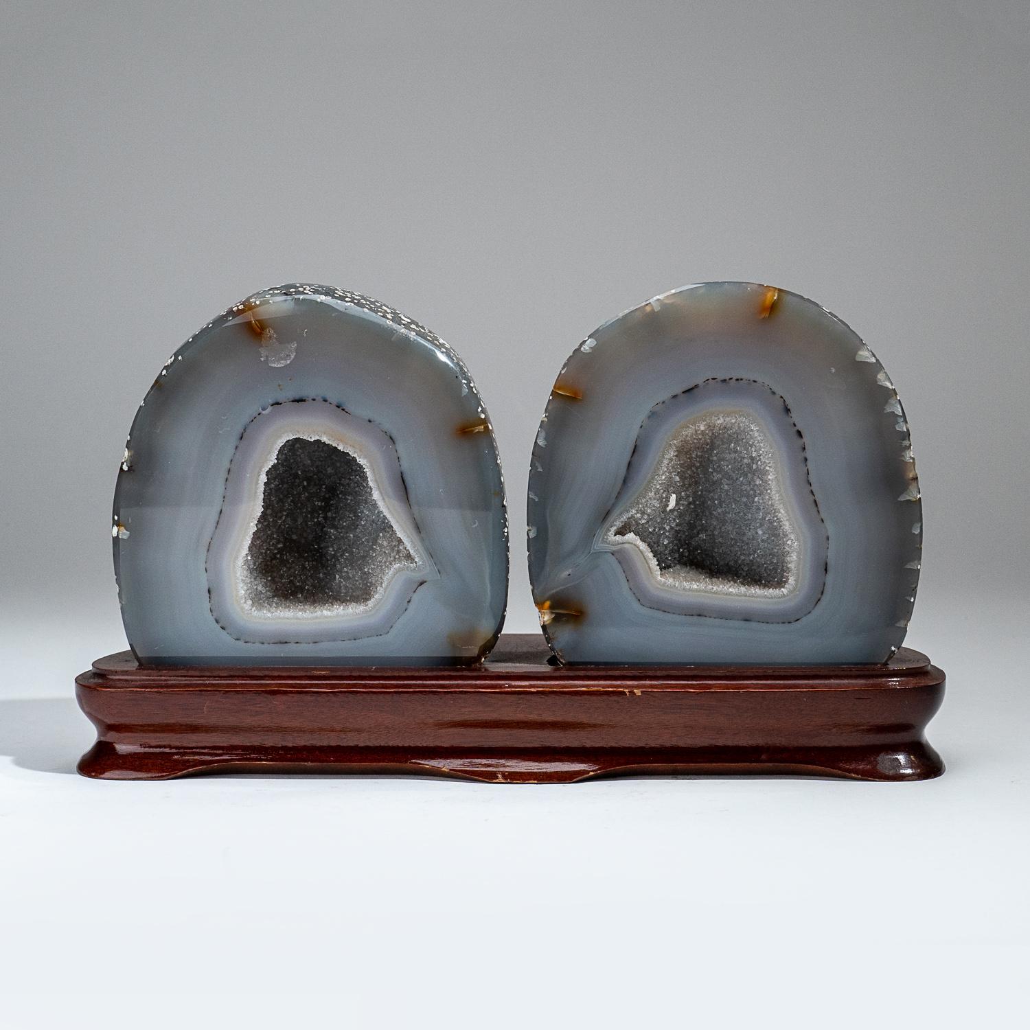 Contemporary Two Genuine Banded Agate Geode on Custome Wooden Stand, '8 lbs' For Sale