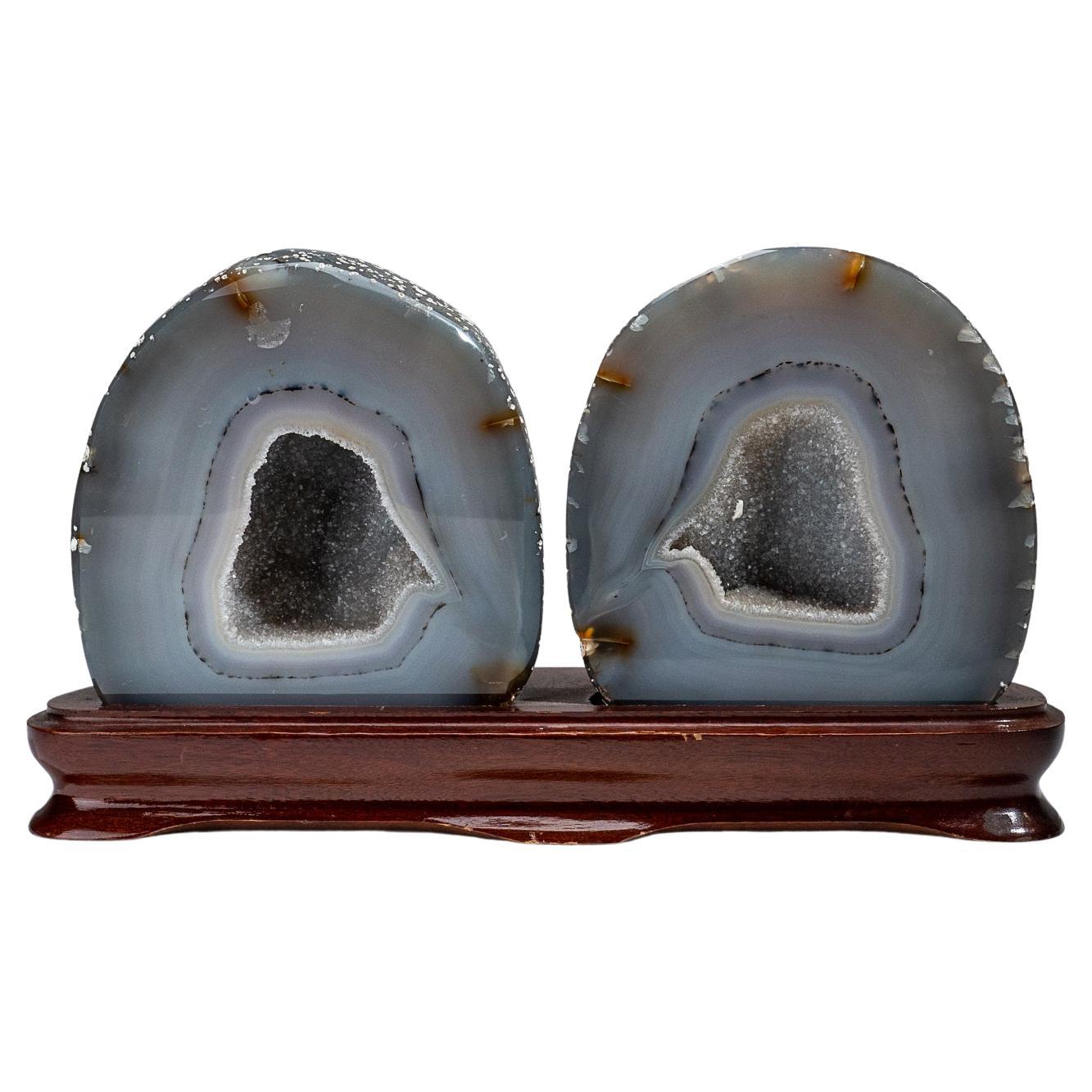 Two Genuine Banded Agate Geode on Custome Wooden Stand, '8 lbs' For Sale
