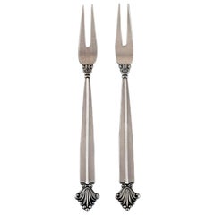 Two Georg Jensen Acanthus Cold Meat Forks in Sterling Silver
