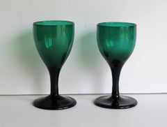 TWO Georgian Hand Blown Wine Glasses Bristol Green with Tulip Bowl, circa 1790