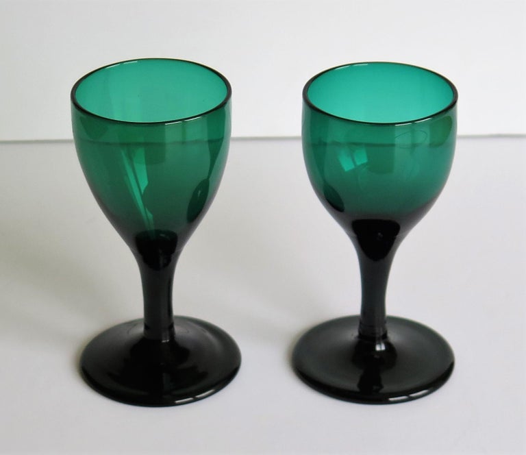 TWO Hand Blown Wine Glasses Bristol Green with Tulip Bowl