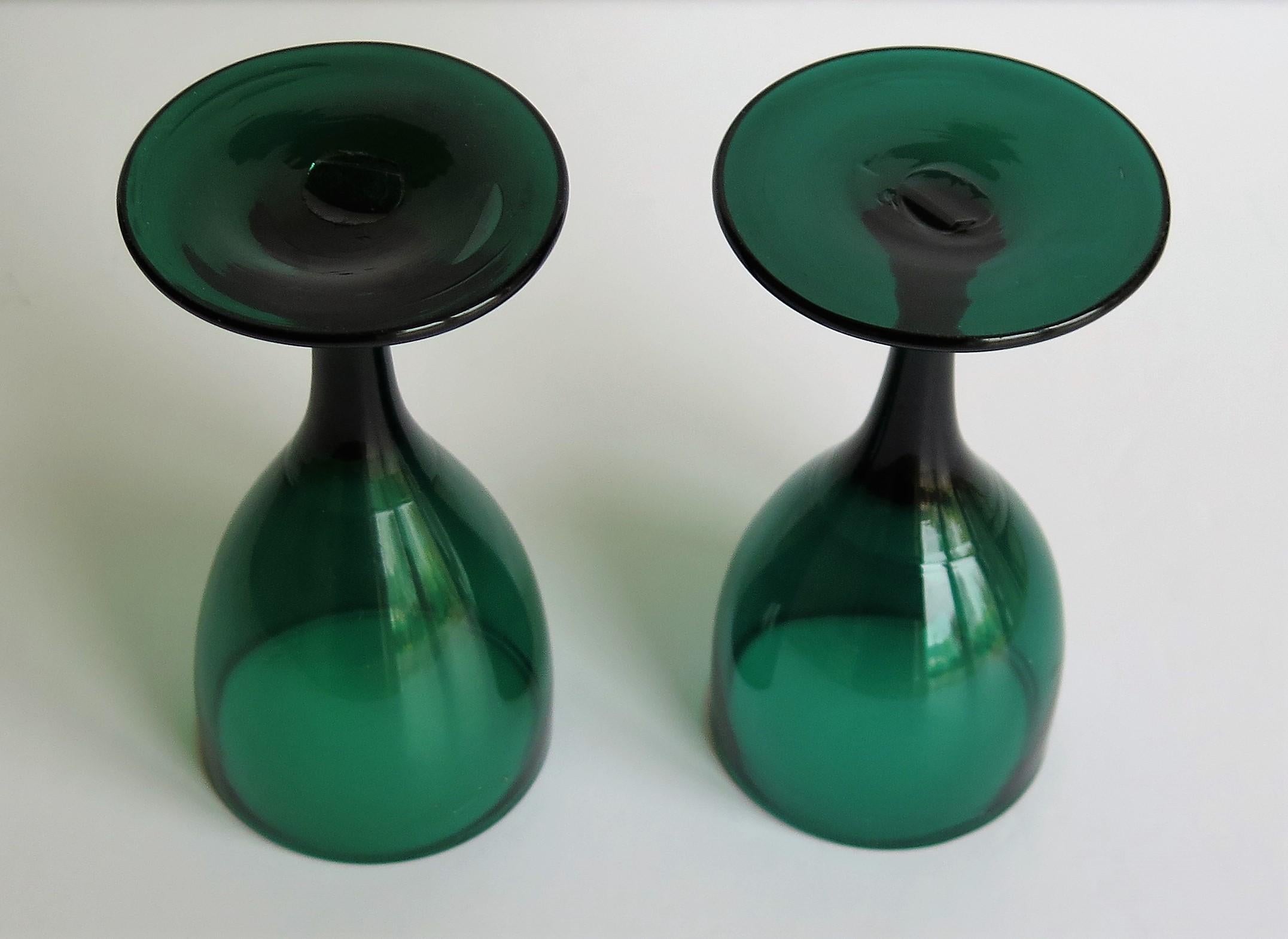 Hand-Crafted TWO Georgian Hand Blown Wine Glasses Bristol Green with Tulip Bowl, circa 1790