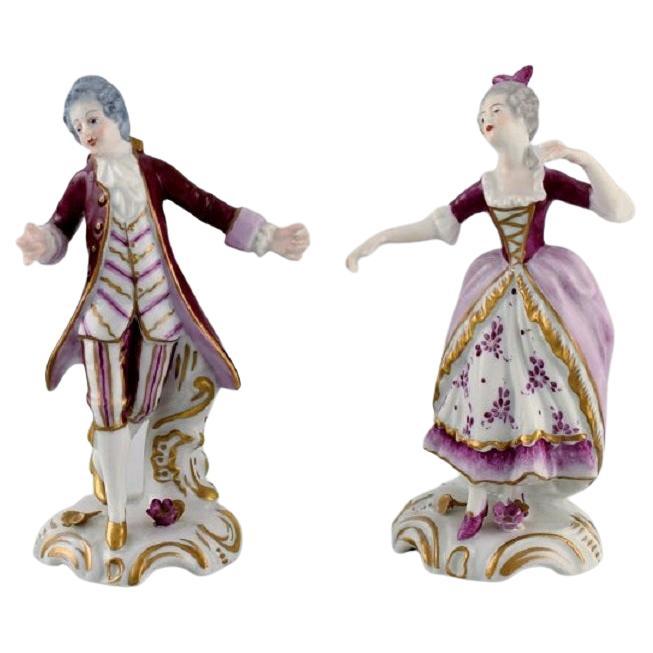 Two German Antique Porcelain Figurines, Rococo Couple, 19th Century For Sale