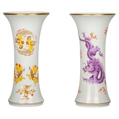 Vintage Two German Porcelain Cylindrical Vases, Meissen, 20th century