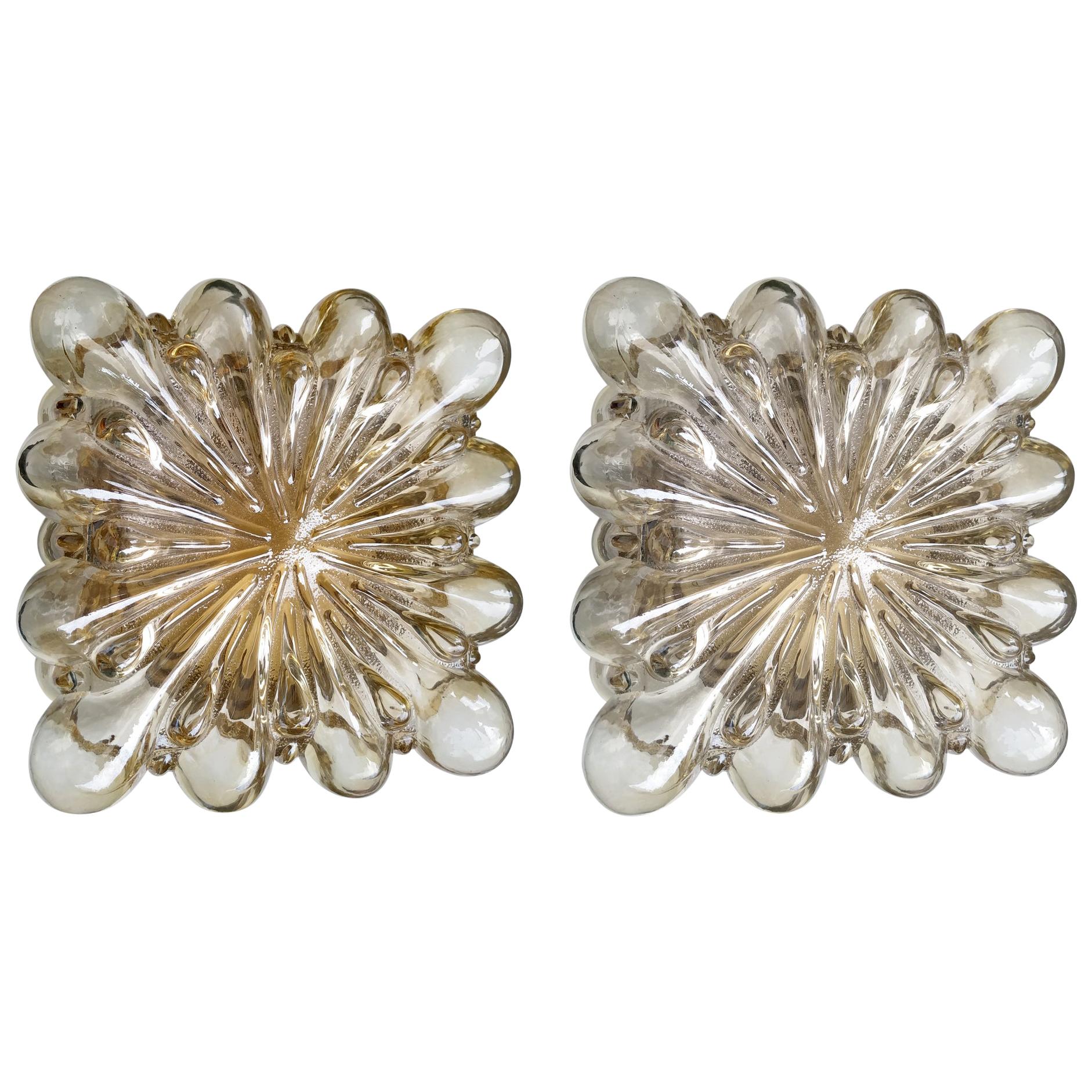 Two German Vintage Amber Glass Ceiling or Wall Lights Flushmounts, 1960s