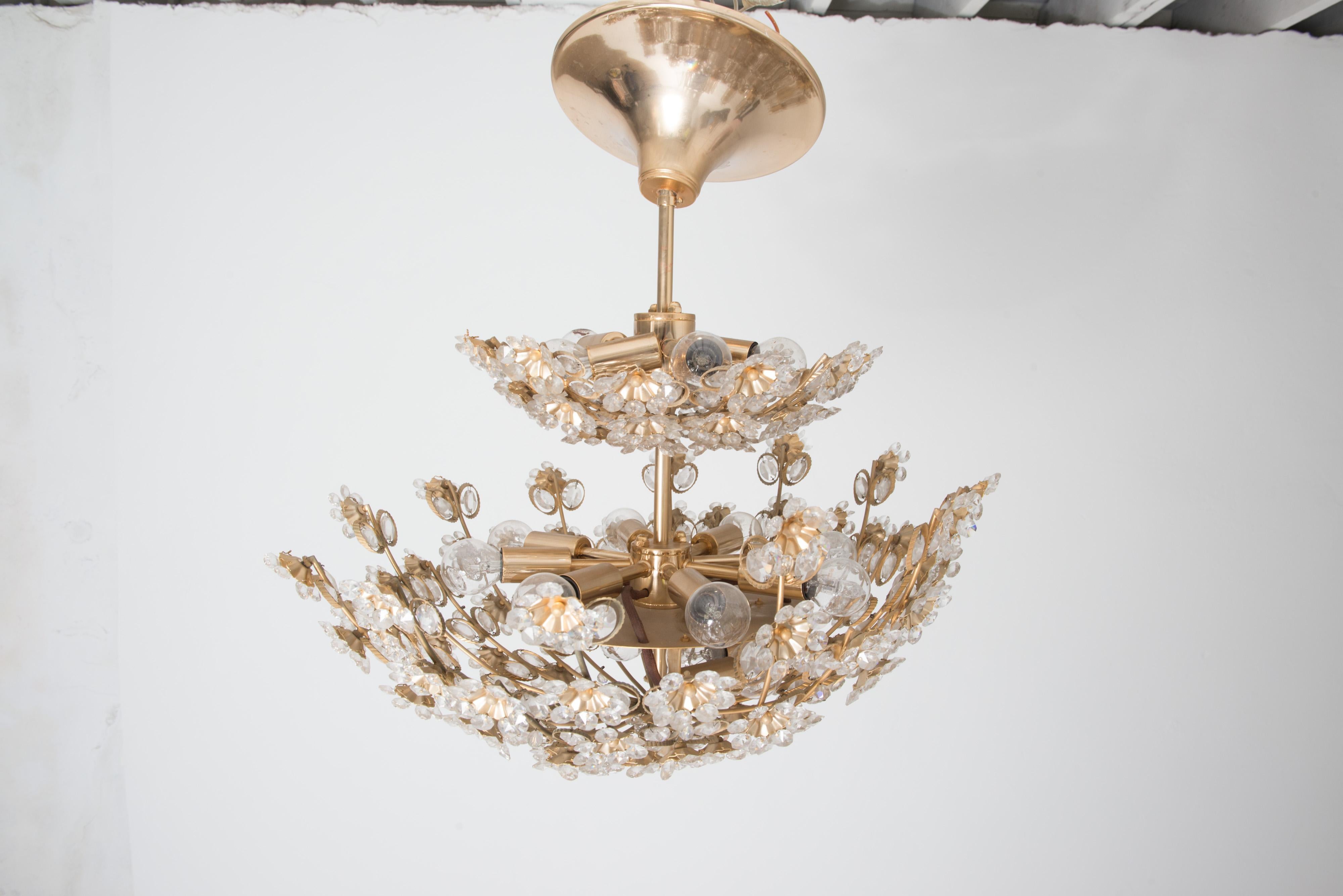Two Gilt Brass Cut Glass Flower Tiered Chandeliers, by Palwa, Germany In Good Condition For Sale In Stamford, CT