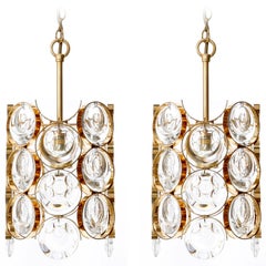 Pair of Palwa Pendant Lights Glass Gilt Brass 1970